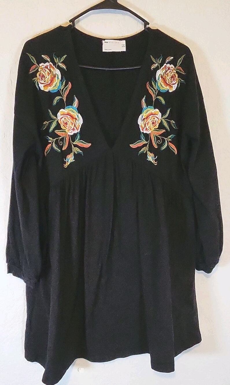 ASOS DESIGN Black Embroidered Floral V-Neck Balloon‎ Sleeve A-Line Dress US 10